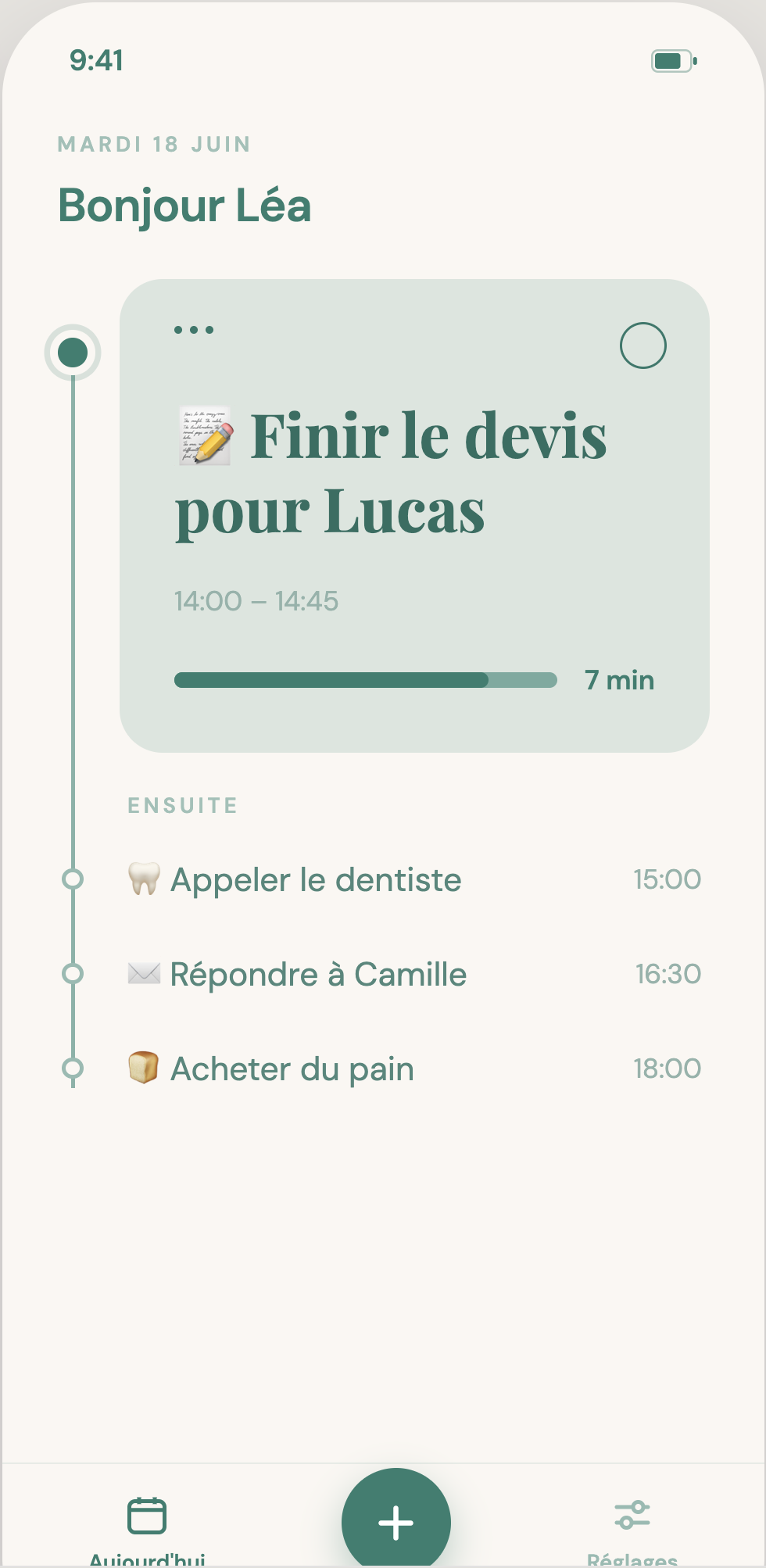 L'écran Aujourd'hui de Glidd : la tâche en cours en grand, les suivantes en dessous.